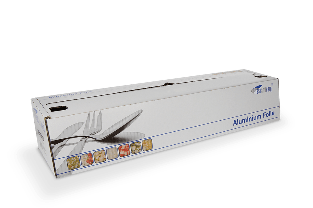 takeaware.nl Folierollen Aluminiumfolie rol in dispenser cutterbox 50cm x 150m